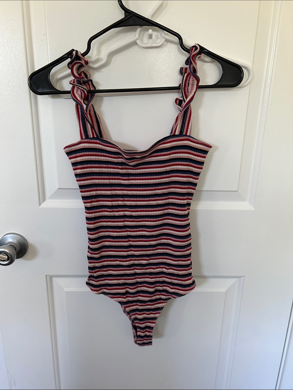 Reformation Striped Ribbed Tank Bodysuit in Red, Pink, Navy, & Cream